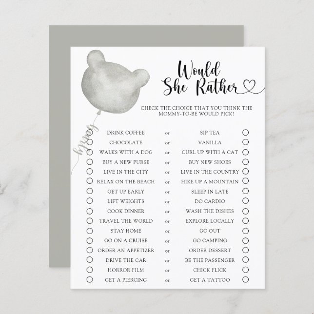 Lámina Oso / Prefiere Un Juego De Baby Shower (Anverso / Reverso)