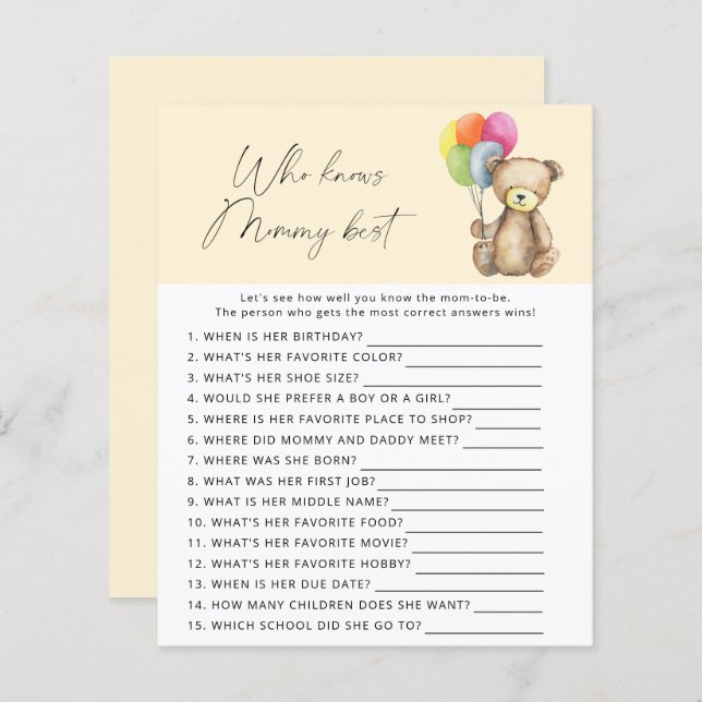 Lámina Oso - Quién conoce el mejor juego de mamá (Anverso / Reverso)