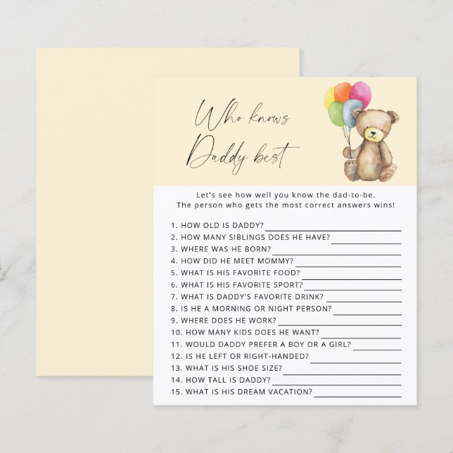 Lámina Oso - Quién conoce mejor al papá juego (Anverso / Reverso)