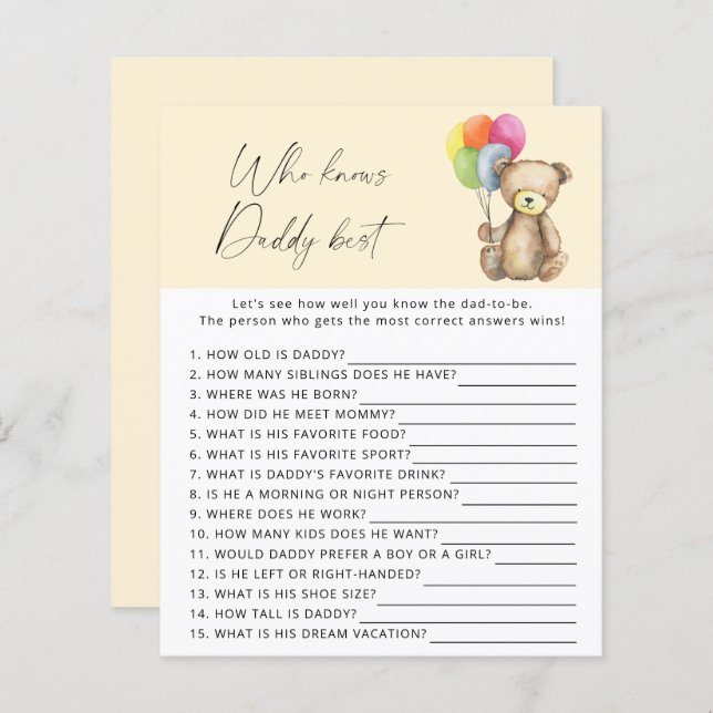 Lámina Oso - Quién conoce mejor juego a papá (Anverso / Reverso)