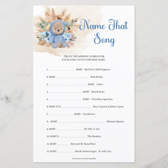 Lámina Oso Teddy pampas pasto azul floral Nombre esa canc (Anverso)