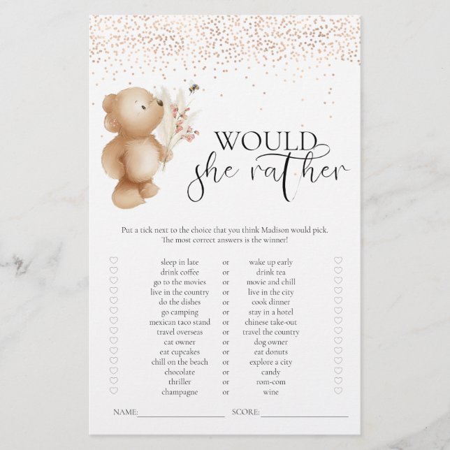 Lámina Oso Y La Abeja Prefieren El Juego De Baby Shower (Anverso)