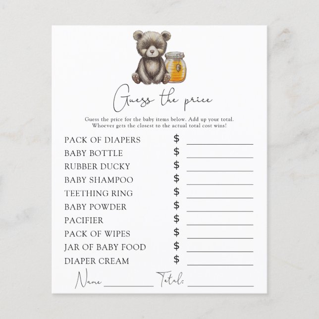 Lámina Oso y miel - Juego de adivinanzas de precios (Anverso)