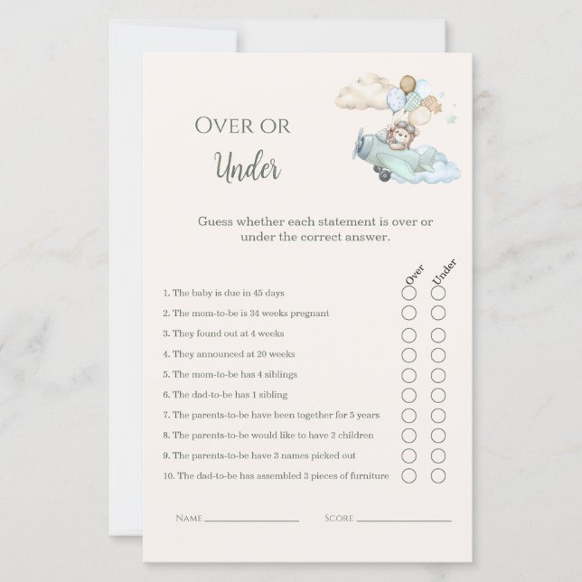 Lámina Over or Under Baby Shower Game Bearly Wait Boy  (Anverso)