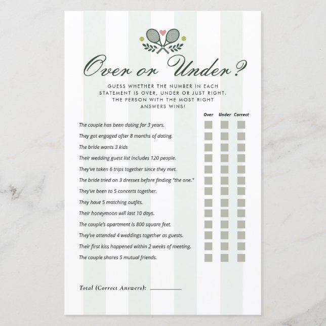 Lámina Over or Under Perfect Match Bridal Shower Game (Anverso)