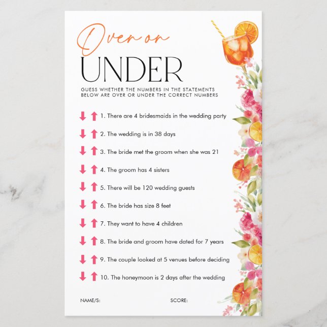 Lámina Over or Under Spritz Bridal Shower Games (Anverso)