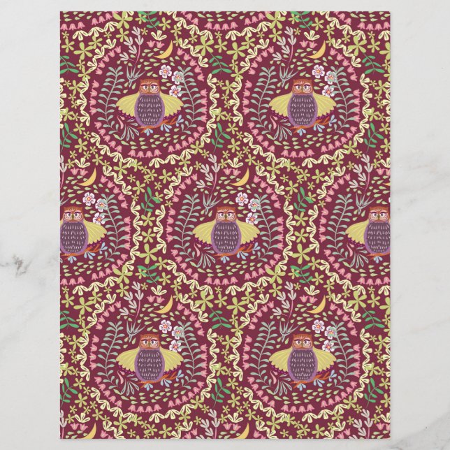 Lámina Owl Folk Wine Red (Anverso)