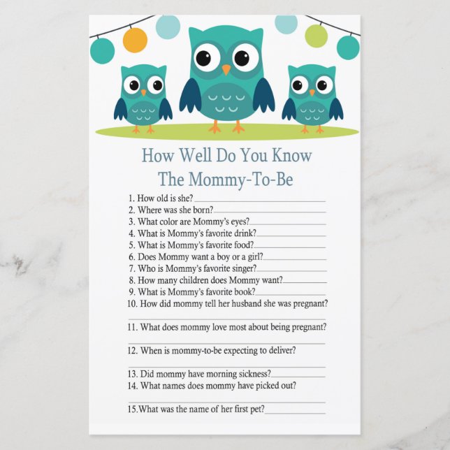 Lámina Owl qué bien conoces el juego de la ducha de bebé (Anverso)