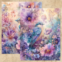 LÁMINA PÁJARO EN JARDÍN FLORAL DE PRIMAVERA PAPEL PARA ÁL