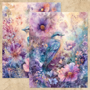 LÁMINA PÁJARO EN JARDÍN FLORAL DE PRIMAVERA PAPEL PARA ÁL