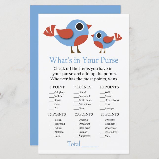 Lámina Pájaro ¿Qué hay en el juego de tu bolso? (Anverso / Reverso)