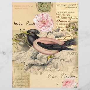Lámina Pájaro rosa, papel de cuaderno manuscrito