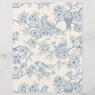 Lámina Pájaros y flor de cerezo en azul y blanco desvaído
