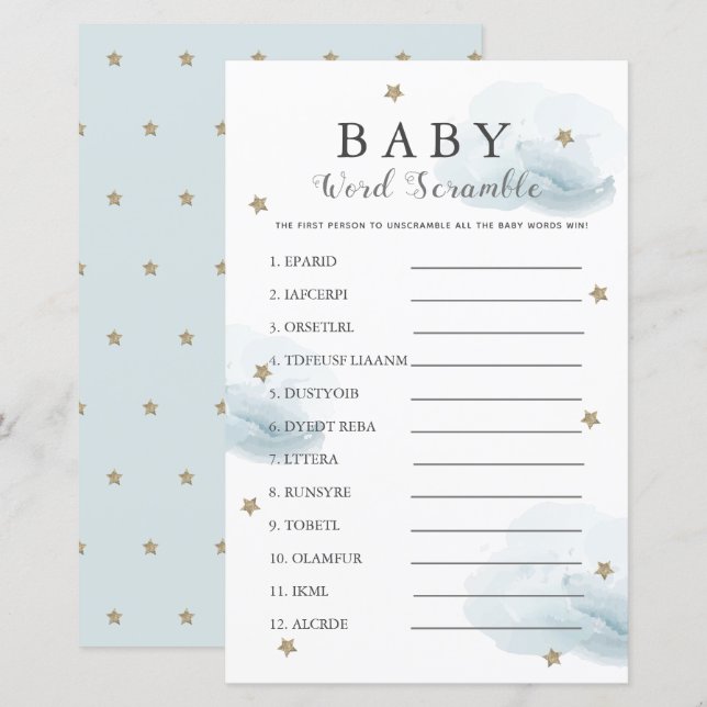 Lámina Palabra Estrellas y nubes de juego azul de Baby Sh (Anverso / Reverso)