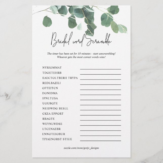 Lámina Palabra Scramble Bridal Shower Game Eucalyptus Lea (Anverso)
