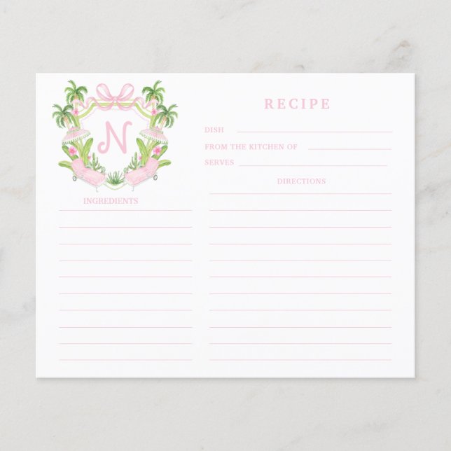 Lámina Palm Beach Cabana Crest Monogram  Recipe Card (Anverso)