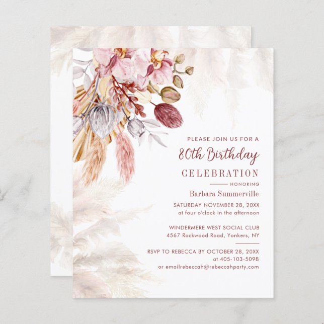 Lámina Pampas Grass Boho 80th Birthday Party Invitation (Anverso / Reverso)