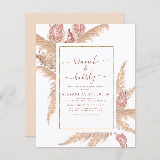 Lámina Pampas Grass Brunch Bubbly Boho Bridal Shower Invi (Anverso / Reverso)