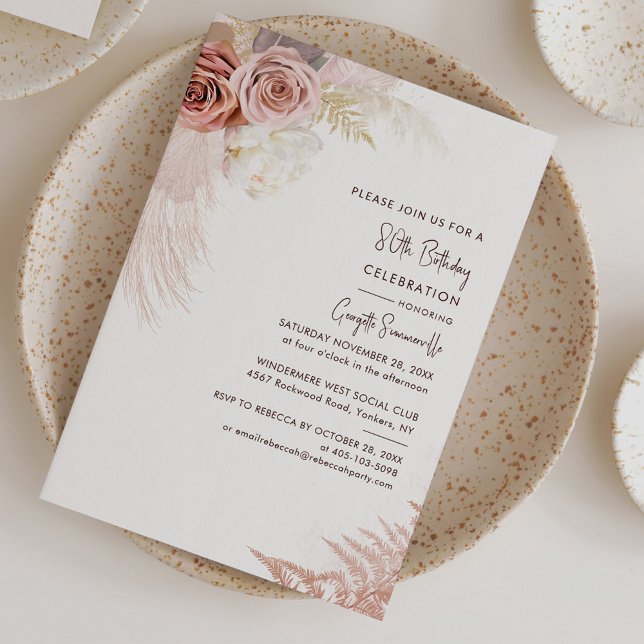 Lámina Pampas Grass Floral 80th Birthday Invitation (Pampas Grass Teracotta 80th Birthday Party Invitation)