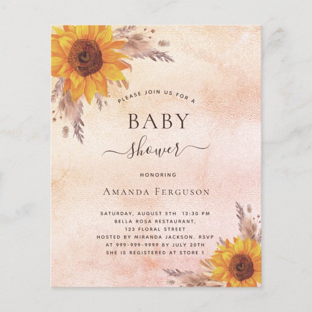 Lámina Pampas para bebé, girasoles, invitación para presu (Anverso)