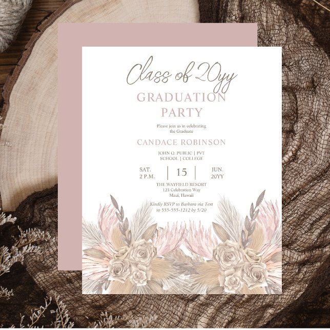 Lámina Pampas PRESUPUESTARIAS | Invitación del Fiesta Neu (BUDGET Pampas Grass and Roses Mocha and Neutral-Toned Graduation Party Invitation)