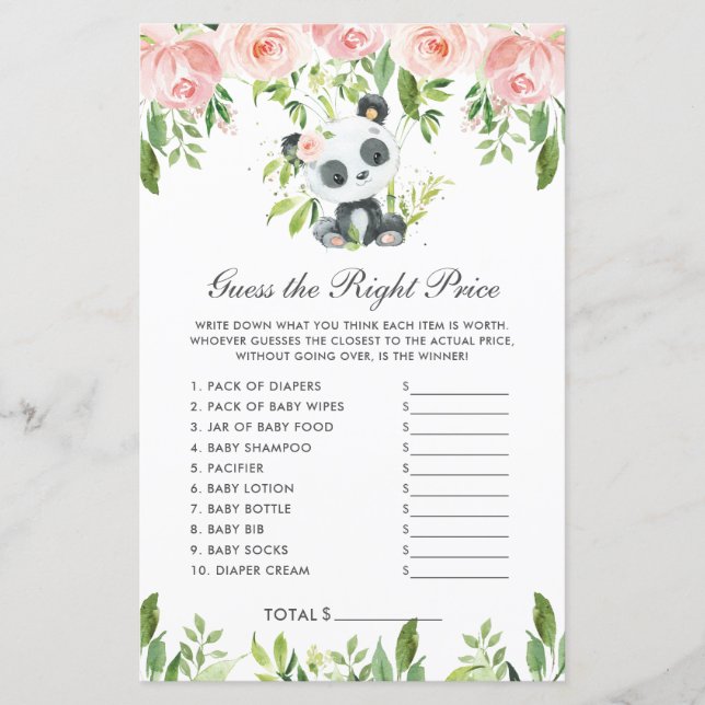 Lámina Panda Bear Pink Floral Adivina El Juego De Precios (Anverso)