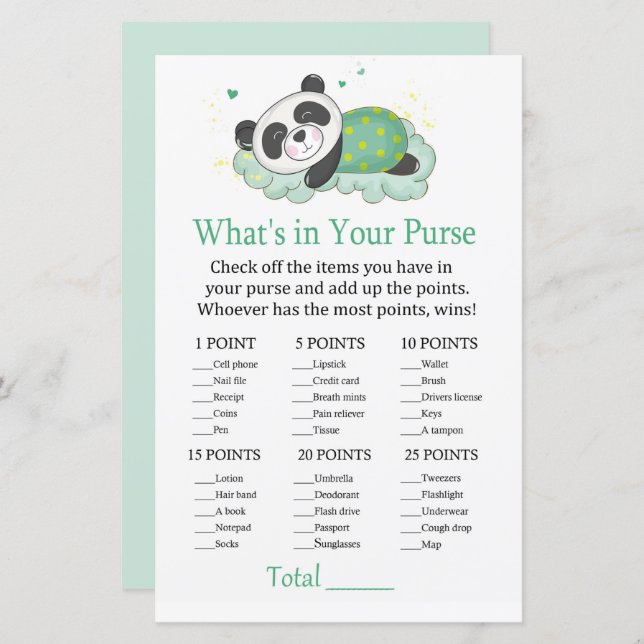 Lámina Panda durmiente ¿Qué hay en tu juego de bolso? (Anverso / Reverso)