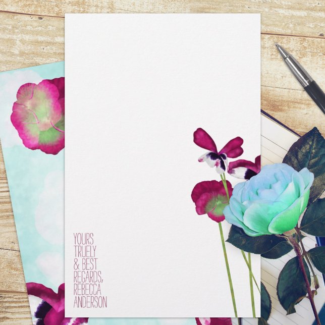 Lámina Pansies otoñales, Aqua, Estacionario Rosa, Violeta (violet pink magenta pansy pansies floral budget personalized letter writing stationary paper sheets)