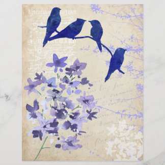Lámina Papel acuarela de pájaros azules y flores