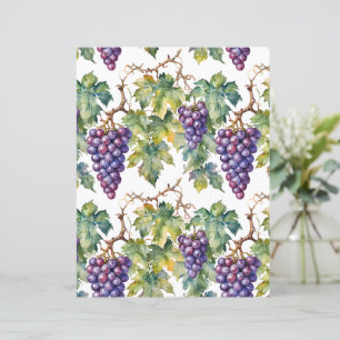 Lámina Papel de Acuarela Rústica con Uvas Moradas y Viñed