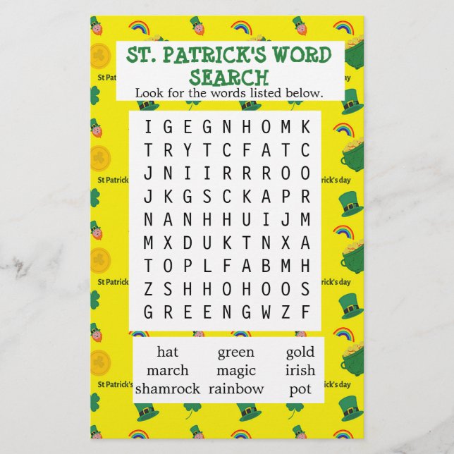 Lámina Papel de búsqueda de palabras de Yellow St. Patric (Anverso)