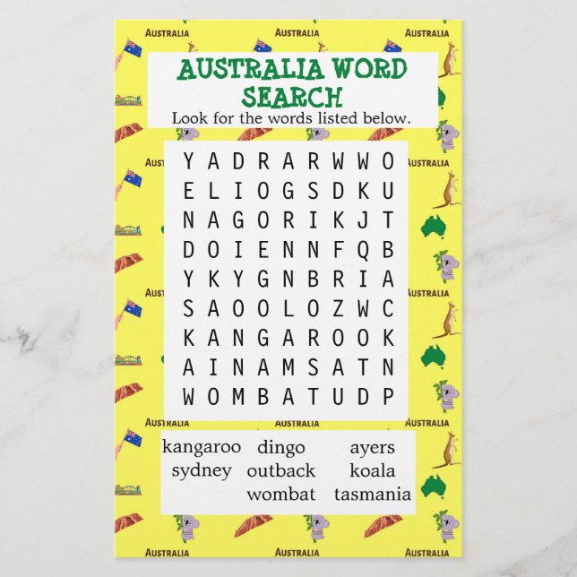 Lámina Papel de búsqueda de palabras en Australia amarill (Anverso)