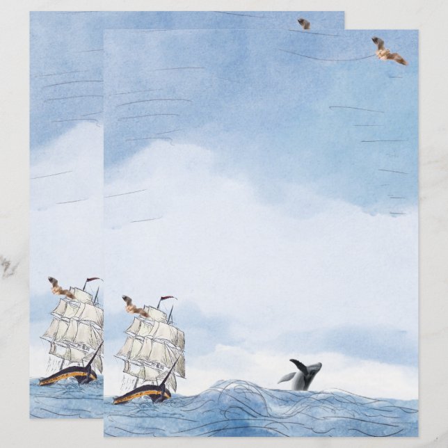Lámina Papel de carta de barco de vela y ballena (Anverso / Reverso)