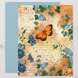 Lámina Papel de cartón de flores azules de mariposa vinta