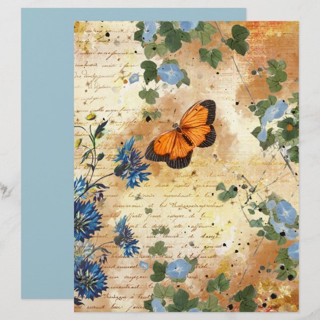 Lámina Papel de cartón de flores azules de mariposa vinta (Anverso / Reverso)