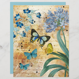 Lámina Papel de cartón floral de mariposas azules vintage