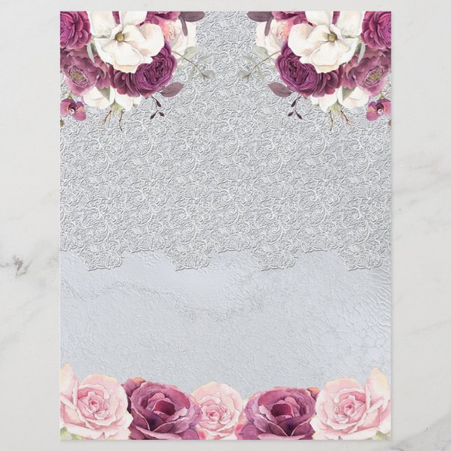 Lámina Papel de cartón floral plateado y romántico (Anverso)