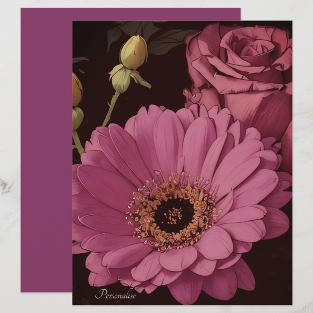 Lámina Papel de cuadernillo de flores rosadas magenta vib (Anverso / Reverso)