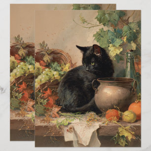 Lámina Papel de cuadernillo de otoño de gato negro vintag