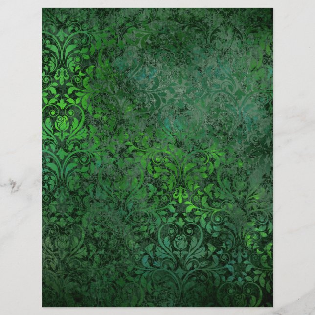 Lámina Papel de cuadernillo floral de Damasco verde oscur (Anverso)