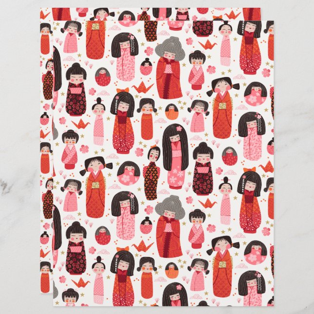 Lámina Papel de cuadernillo kokeshi japonés ilustrado (Anverso / Reverso)