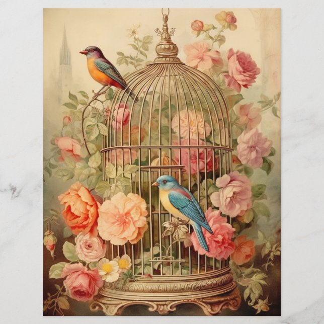 Lámina Papel de cuaderno de aves y flores (Anverso)