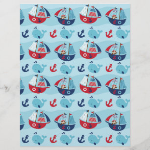 Lámina Papel de cuaderno de ballenas piratas náuticas