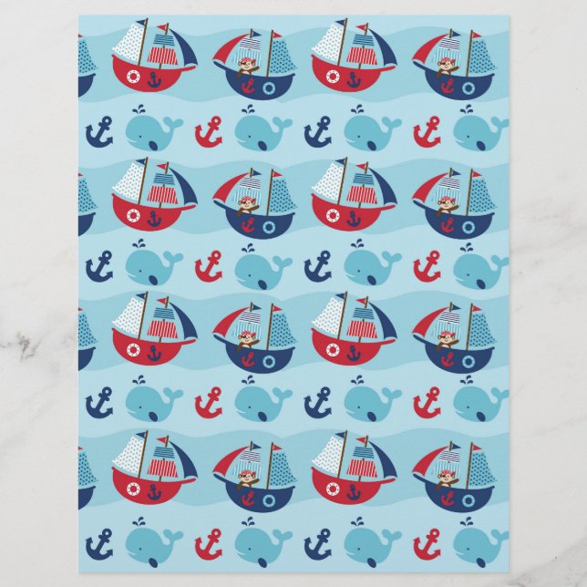 Lámina Papel de cuaderno de ballenas piratas náuticas (Anverso)