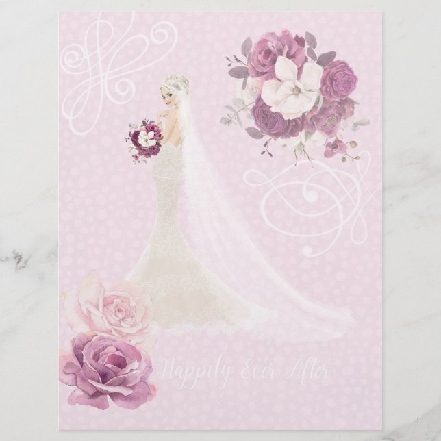 Lámina Papel de cuaderno de Boda de novia floral rosa (Anverso)