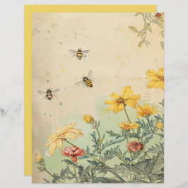 Lámina Papel de cuaderno de flores silvestres y abejas vi