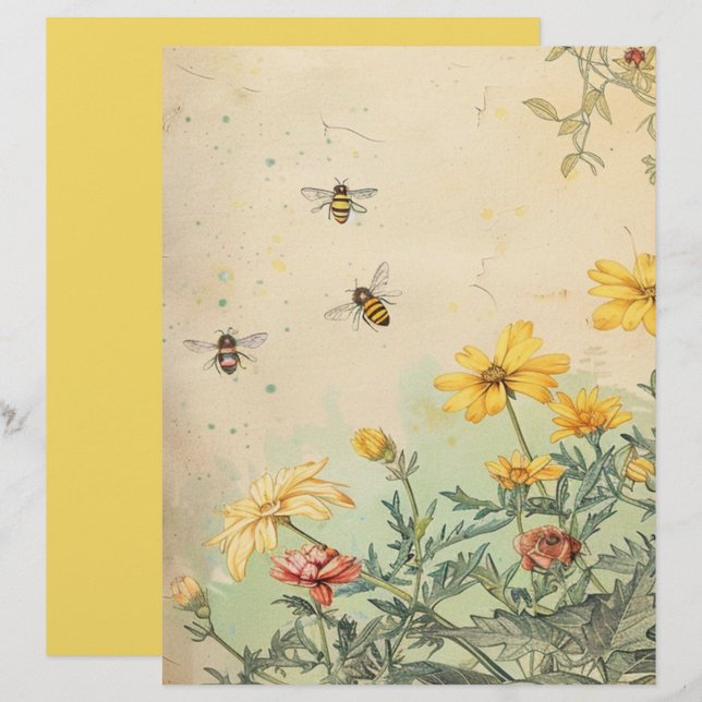 Lámina Papel de cuaderno de flores silvestres y abejas vi (Anverso / Reverso)
