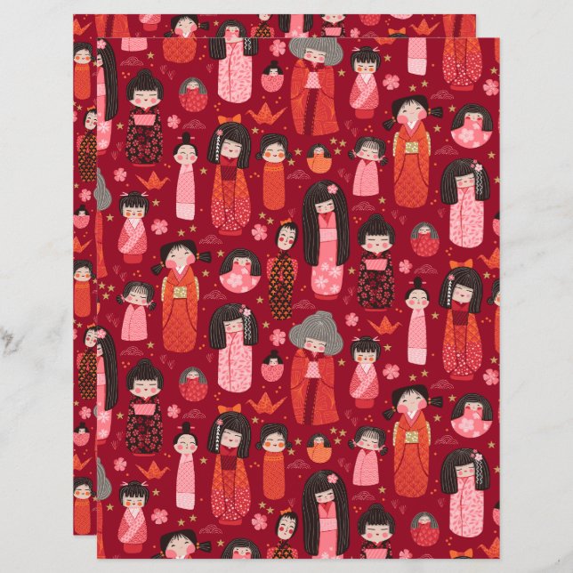 Lámina Papel de cuaderno de kokeshi japonés ilustrado en  (Anverso / Reverso)