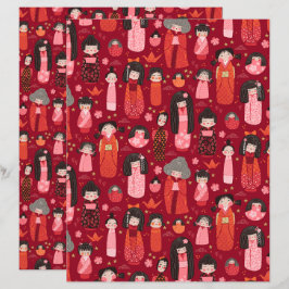 Lámina Papel de cuaderno de kokeshi japonés ilustrado en
