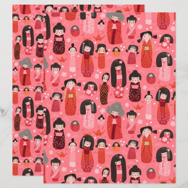 Lámina Papel de cuaderno de Kokeshi japonés ilustrado ros (Anverso / Reverso)
